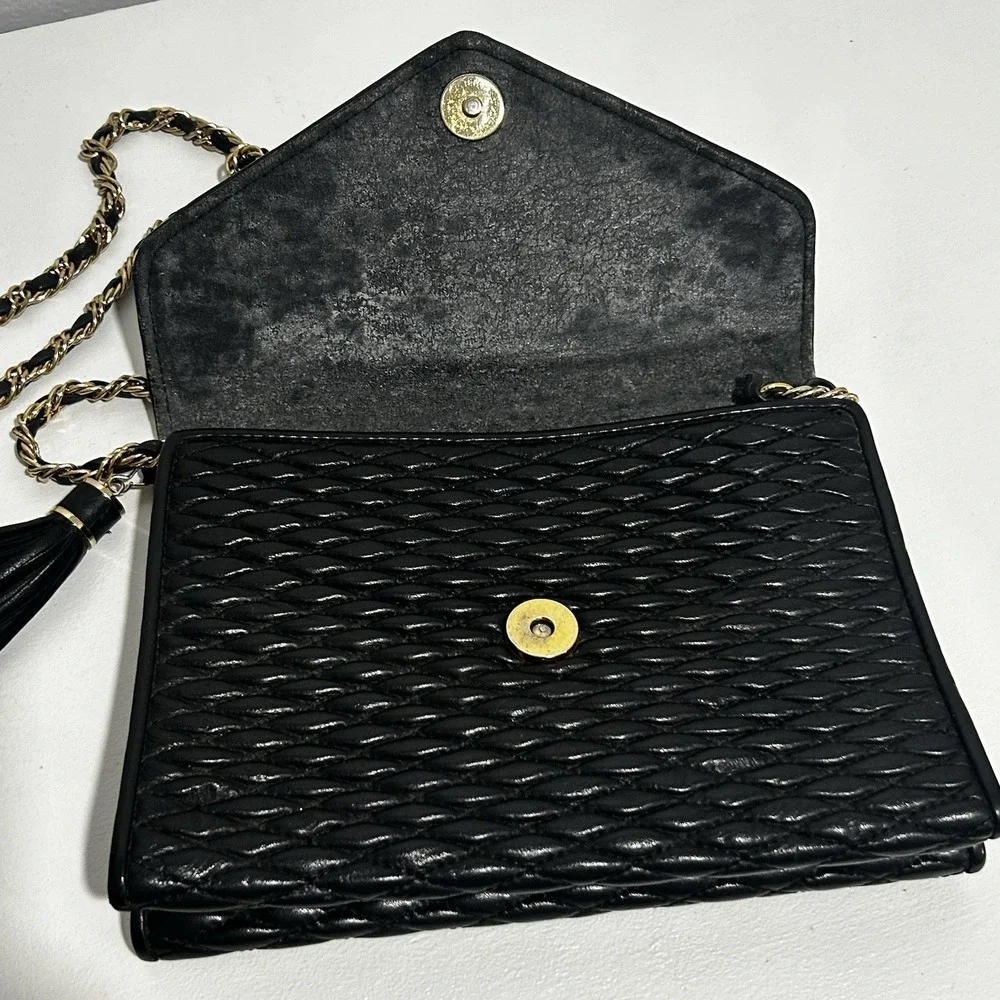 Vintage French Evening bag Pierre Balmain Black Leather Quilted Gold Strap Purse